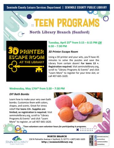 April and May events for Teens at the North Branch Library