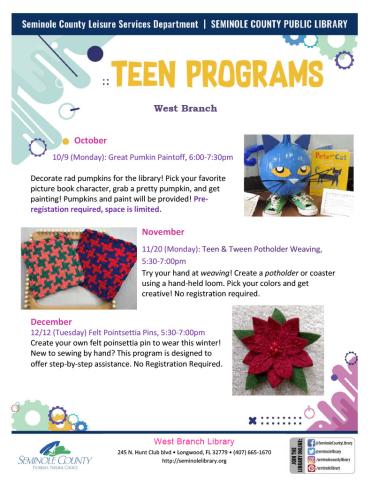 Fall 2023 - Teen Events at the West Branch Library