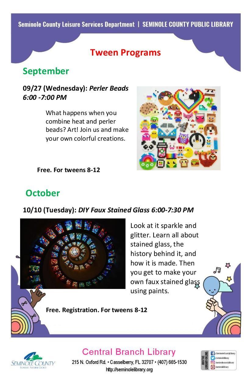 September and October Tween Events at the Central Branch Library