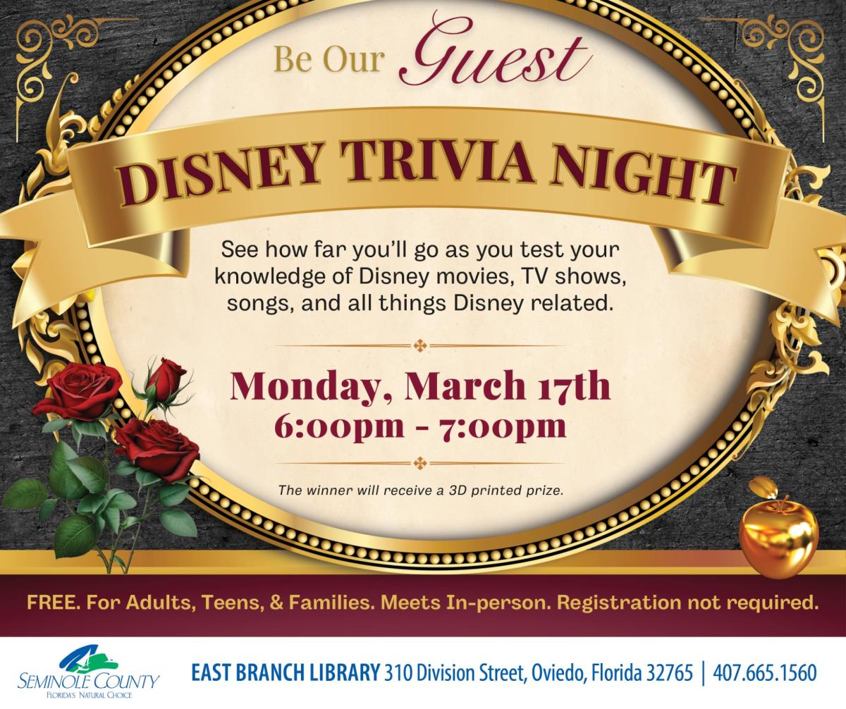 Be Our Guest Disney Trivia Night program at East Branch Library